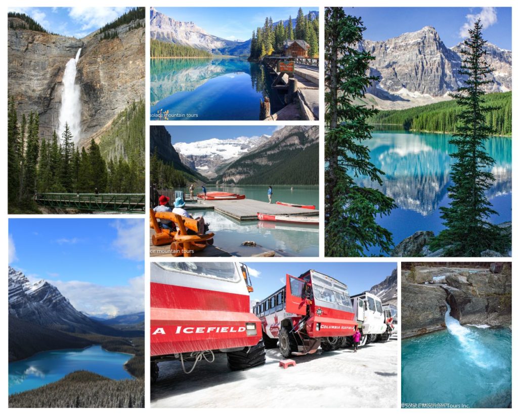 カナディアンロッキー全巡り1日ツアーのイメージ画像。コロンビア大氷原とヨーホー国立公園を巡る観光の様子
