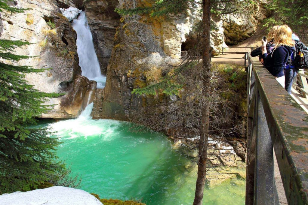 バンフ国立公園のジョンストンキャニオンを散策する観光客。2026年新ツアー、ジョンストン渓谷とヨーホー国立公園の1日観光